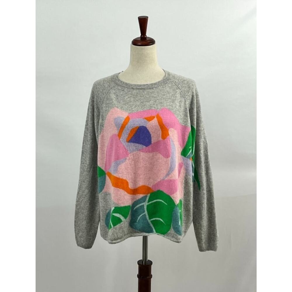 JUMPER 1234 Sz 4 L 10/12 Gray 100% Cashmere Floral Pullover Sweater
